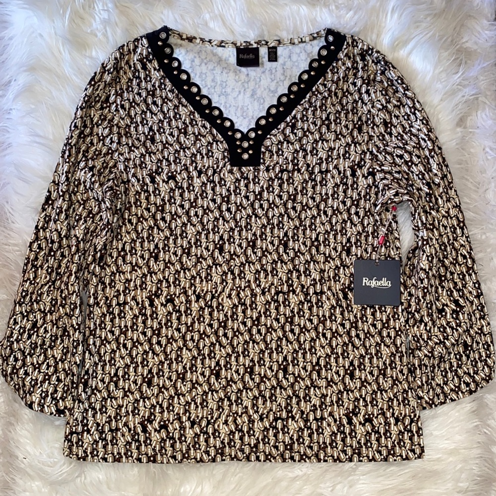 Rafaella Black and Tan Abstract Print Long Sleeve Top